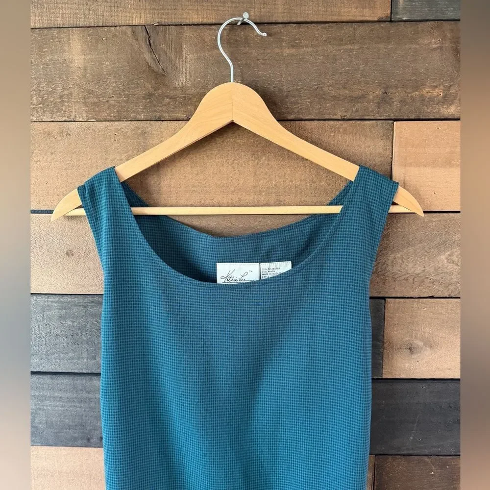 Vintage Kathie Lee Collection Teal Checkered Sleeveless Midi Dress Minimal 90s - Picture 7 of 9